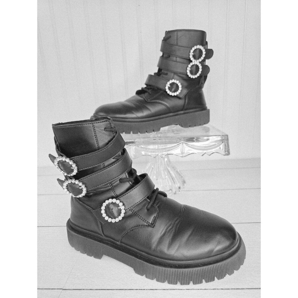 Zara Leather‎ Embellished Rhinestone Chunky Ankle Boots Black  7.5